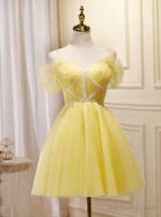 Yellow Tulle Off the Shoulder Pleats Homecoming Dress