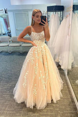yellow tulle prom dress with appliques