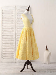 Yellow V Neck 3D Lace Tea Long Prom Dress, Yellow Evening Dress