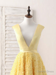 Yellow V Neck 3D Lace Tea Long Prom Dress, Yellow Evening Dress