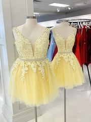 Yellow v neck tulle lace short prom Dresses, yellow homecoming Dresses