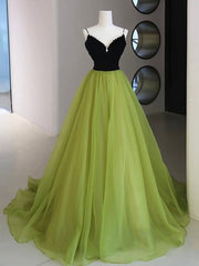 Black Velvet and Green Tulle Long Prom Dresses, Green V-Neck Evening Dresses