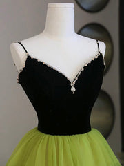 Black Velvet and Green Tulle Long Prom Dresses, Green V-Neck Evening Dresses