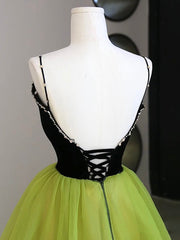 Black Velvet and Green Tulle Long Prom Dresses, Green V-Neck Evening Dresses