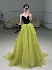 Black Velvet and Green Tulle Long Prom Dresses, Green V-Neck Evening Dresses