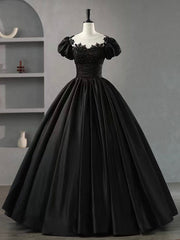 Black Scoop Neckline Satin Lace Long Prom Dresses, A-Line Short Sleeve Party Dresses