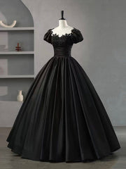 Black Scoop Neckline Satin Lace Long Prom Dresses, A-Line Short Sleeve Party Dresses