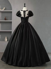 Black Scoop Neckline Satin Lace Long Prom Dresses, A-Line Short Sleeve Party Dresses