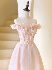 Pink Tulle Beaded Tea Length Prom Dresses, Pink A-Line Off Shoulder Party Dresses