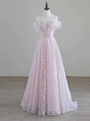 Sparkling Tulle Sequin Long Prom Dresses, Off the Shoulder Pink Evening Party Dresses