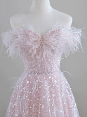 Sparkling Tulle Sequin Long Prom Dresses, Off the Shoulder Pink Evening Party Dresses