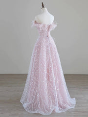 Sparkling Tulle Sequin Long Prom Dresses, Off the Shoulder Pink Evening Party Dresses