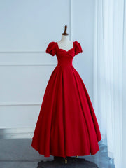 Dark Red Satin Long Prom Dresses, A-Line Short Sleeve Evening Party Dresses