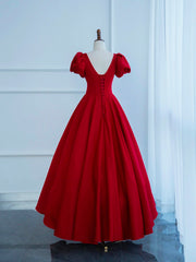 Dark Red Satin Long Prom Dresses, A-Line Short Sleeve Evening Party Dresses