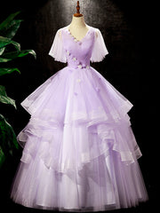 Fairy Purple Floral Floor Length Prom Dresses, Beautiful V-Neck Party Birthday Dresses