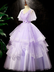 Fairy Purple Floral Floor Length Prom Dresses, Beautiful V-Neck Party Birthday Dresses