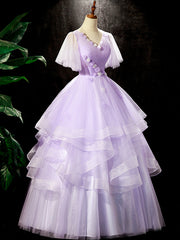 Fairy Purple Floral Floor Length Prom Dresses, Beautiful V-Neck Party Birthday Dresses