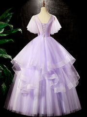 Fairy Purple Floral Floor Length Prom Dresses, Beautiful V-Neck Party Birthday Dresses