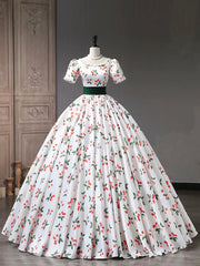 Beautiful Cherry Pattern Long Princess Prom Dresses, White A-Line Short Sleeve Evening Party Dresses