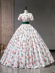 Beautiful Cherry Pattern Long Princess Prom Dresses, White A-Line Short Sleeve Evening Party Dresses