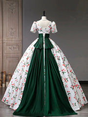 Beautiful Cherry Pattern Long Princess Prom Dresses, White A-Line Short Sleeve Evening Party Dresses