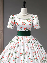 Beautiful Cherry Pattern Long Princess Prom Dresses, White A-Line Short Sleeve Evening Party Dresses