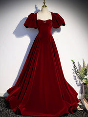 Burgundy Velvet Floor Length Prom Dresses, Beautiful Open Back Evening Dresses with Pearls