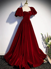 Burgundy Velvet Floor Length Prom Dresses, Beautiful Open Back Evening Dresses with Pearls