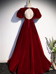 Burgundy Velvet Floor Length Prom Dresses, Beautiful Open Back Evening Dresses with Pearls