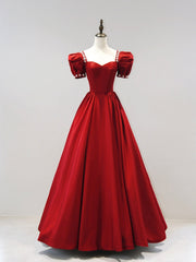 Burgundy Satin Floor Length Princess Dresses with Beaded, A-Line Short Sleeve Evening Party Dresses