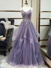 Purple Spaghetti Straps Lace Prom Dresses, Lovely Tulle Corset Floor Length Evening Dresses