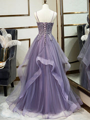 Purple Spaghetti Straps Lace Prom Dresses, Lovely Tulle Corset Floor Length Evening Dresses