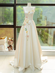 Elegant Satin Floor Length Formal Dresses with 3D Flowers, Light Champagne A-Line Evening Party Dresses