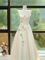 Elegant Satin Floor Length Formal Dresses with 3D Flowers, Light Champagne A-Line Evening Party Dresses