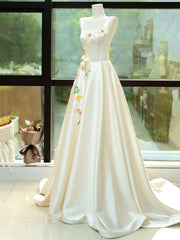 Elegant Satin Floor Length Formal Dresses with 3D Flowers, Light Champagne A-Line Evening Party Dresses