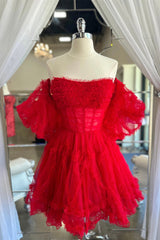 Red Tulle Puff Sleeves Ruffles Tulle Homecoming Dresses