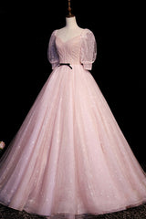 Pink V-Neck Tulle Long Prom Dress, A-Line Short Sleeves Evening Dress