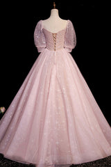 Pink V-Neck Tulle Long Prom Dress, A-Line Short Sleeves Evening Dress