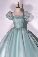 Green Tulle Floor Length Prom Dress, Lovely Short Sleeve Formal Evening Gown
