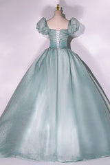 Green Tulle Floor Length Prom Dress, Lovely Short Sleeve Formal Evening Gown