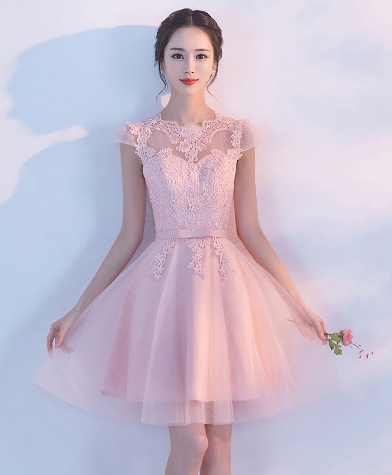 Pink A Line Tulle Lace Short Prom Dress, Homecoming Dress, 1