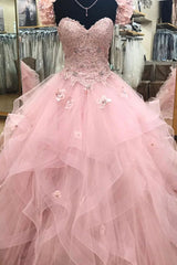 Pink Strapless Lace Long Prom Dresses, A-Line Evening Sweet 16 Dresses
