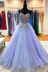 Purple Tulle Lace Long Prom Dresses, A-Line Spaghetti Straps Graduation Dresses
