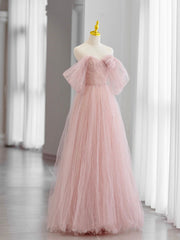 Pink Tulle Long Prom Dress, Beautiful A-Line Off Shoulder Evening Dress