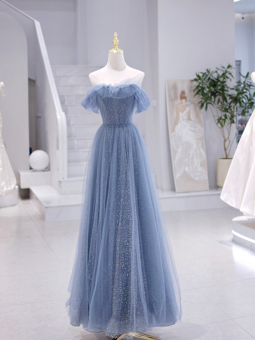 Blue Strapless Tulle Long Prom Dress, Blue A-Line Evening Dress