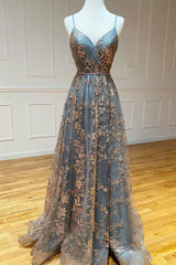Grey Tulle Sequins Long Prom Dresses, A-Line Spaghetti Straps Evening Dresses