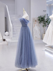 Blue Strapless Tulle Long Prom Dress, Blue A-Line Evening Dress