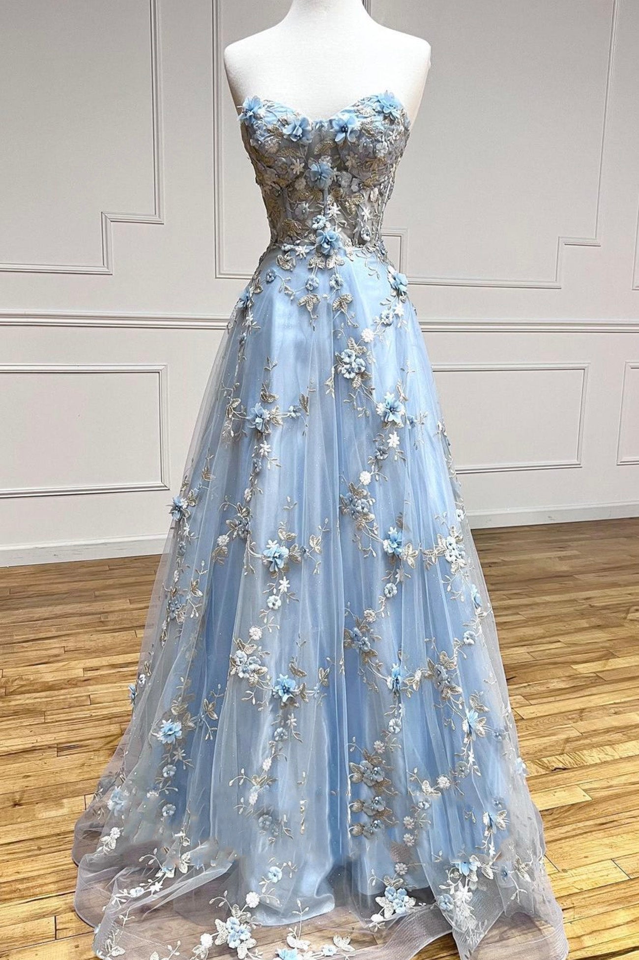 Blue Tulle Appliques Long Prom Dresses, A-Line Strapless Evening Dresses