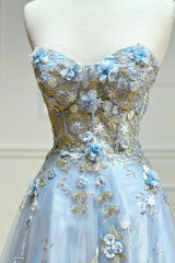 Blue Tulle Appliques Long Prom Dresses, A-Line Strapless Evening Dresses