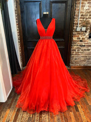 Red V-Neck Tulle Long Prom Dress, Red A-Line Evening Dress with Beaded